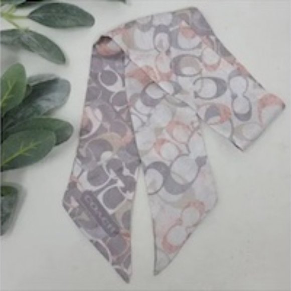 Coach 100% Silk Signature Logo Twilly Scarf NWOT Grey Pink Skinny Ponytail Scarf